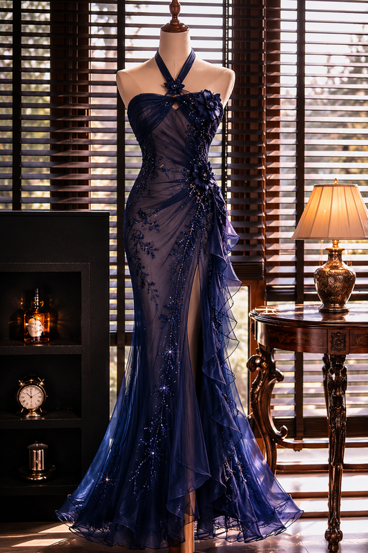 Glam Navy Blue Prom Dress Halter Sheath Tulle Beaded Long Evening Dress DP05745