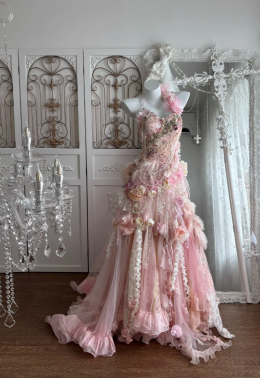 Glam Pink Prom Dress Halter Sheath Tulle Beaded Long Evening Dress DP05746