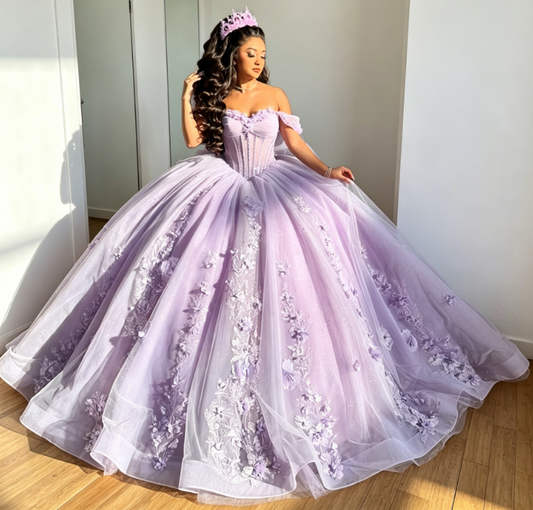 Fairy Off-shoulder Ball Gown Quinceanera Dress Tulle Applique Lavender Sweet 16 Dress DP05748