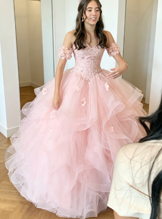 Fairy Off-shoulder Ball Gown Quinceanera Dress Tulle Applique Pink Sweet 16 Dress DP05749