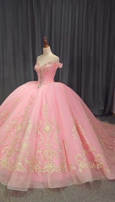 Fairy Off-shoulder Ball Gown Quinceanera Dress Tulle Beaded Pink Sweet 16 Dress DP05750