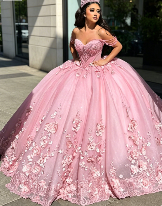 Fairy Off-shoulder Ball Gown Quinceanera Dress Tulle Beaded Pink Sweet 16 Dress DP05751