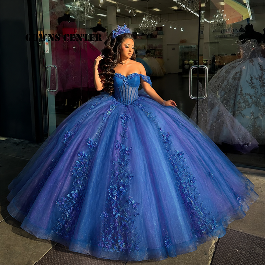 Fairy Off-shoulder Ball Gown Quinceanera Dress Tulle Appliques Blue Sweet 16 Dress DP05752