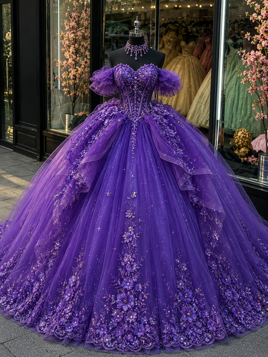 Fairy Off-shoulder Ball Gown Quinceanera Dress Tulle Appliques Purple Sweet 16 Dress DP05753