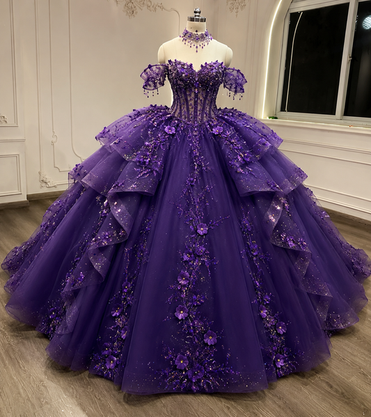 Fairy Off-shoulder Ball Gown Quinceanera Dress Tulle Appliques Purple Sweet 16 Dress DP05754