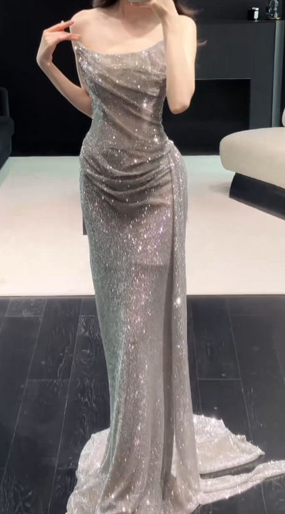 Classy Silver Long Evening Dress Tulle Sheath Strapless Formal Dress DP05770