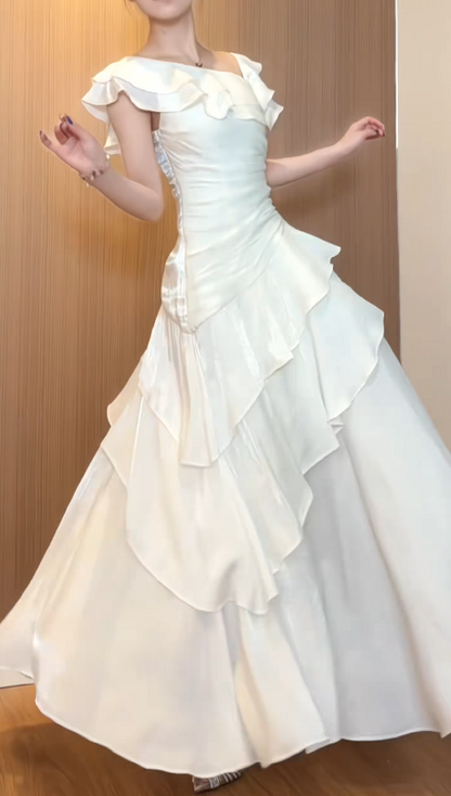 Classy White Birthday Dress, Asymmetrical Collar Sheath Chiffon Long Evening Dress DP05772