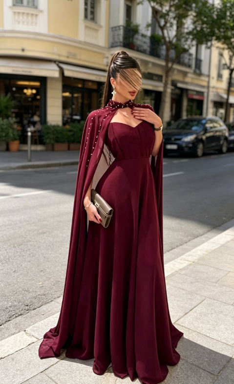 Glam Burgundy Wedding Guest Dress, Spagehtti Straps A-Line Chiffon Long Evening Dress DP05779