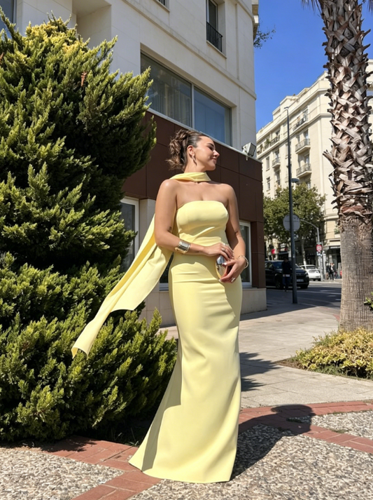 Glam Yellow Wedding Guest Dress, Strapless Sheath Chiffon Long Evening Dress DP05780
