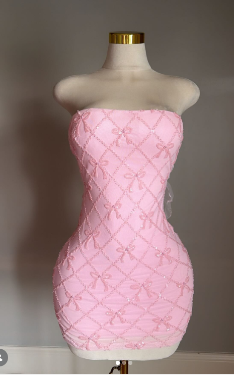 Glam Pink Birthday Dress, Strapless Sheath Cocktail Dress Beaded Tulle Homecoming Dress DP05782