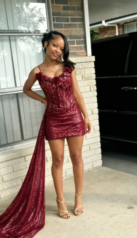 Glam Burgundy Birthday Dress, Straps Sheath Cocktail Dress Sequins Tulle Homecoming Dress DP05783