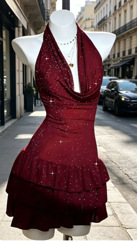 Glam Burgundy Birthday Dress, Halter Sheath Cocktail Dress Satin Homecoming Dress DP05784