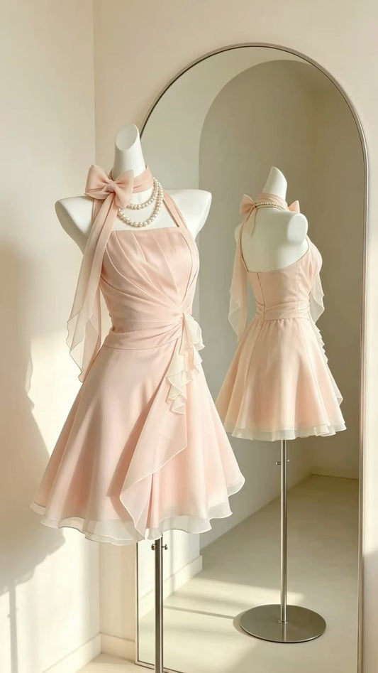 Glam Pink Birthday Dress, Halter A-Line Cocktail Dress Chiffon Homecoming Dress DP05786