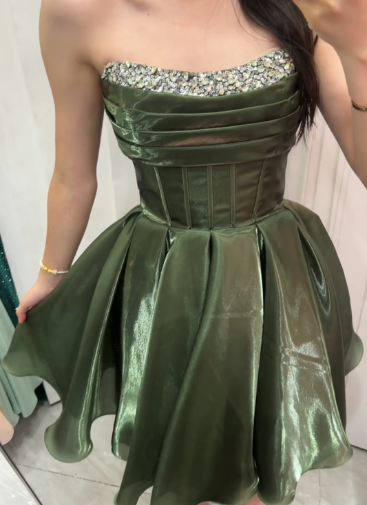 Glam Green Birthday Dress, Strapless A-Line Cocktail Dress Satin Homecoming Dress DP05788
