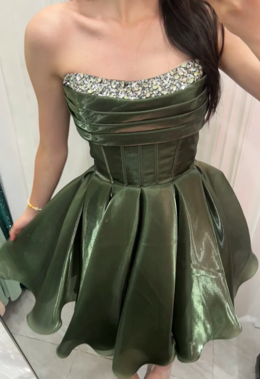Glam Green Birthday Dress, Strapless A-Line Cocktail Dress Satin Homecoming Dress DP05788