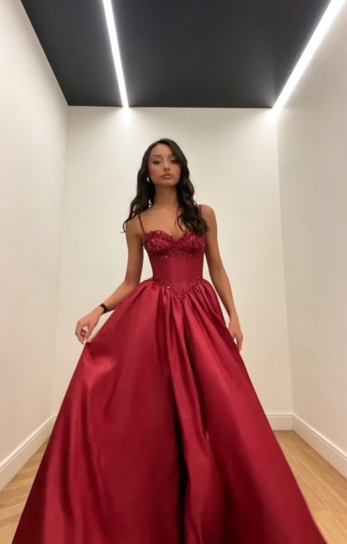 Chic Burgundy Prom Dress, Spaghetti Straps A-Line Satin Long Evening Dresss DP05791