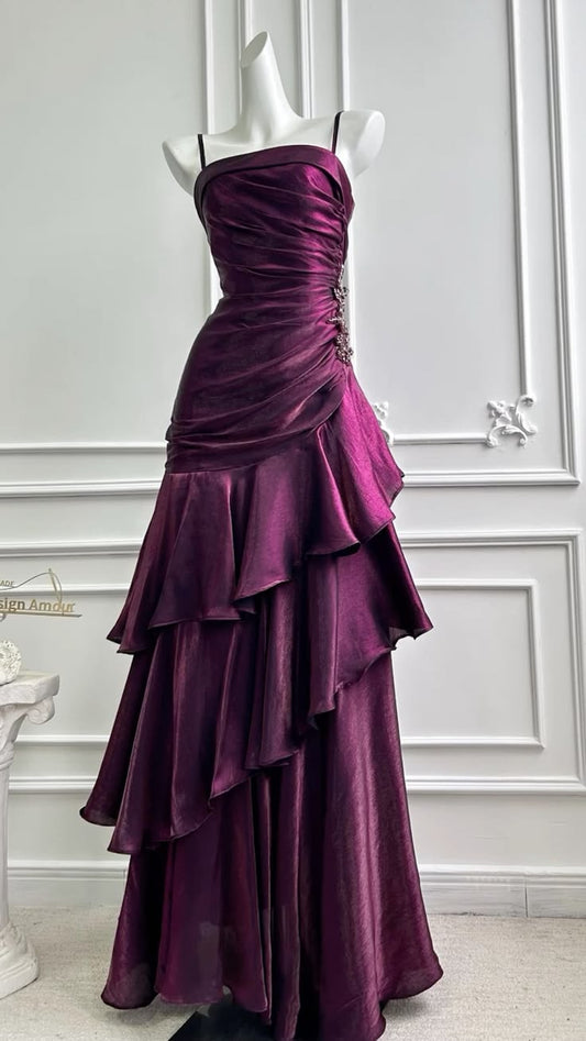 Chic Purple Prom Dress, Spaghetti Straps Sheath Chiffon Long Evening Dress DP05793