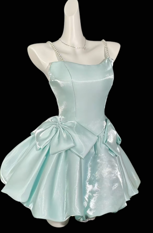 Fashion Spaghetti Straps Short Summer Dress Satin A-Line Beach Party Dress Sleeveless Blue Birthday Dress DP05817