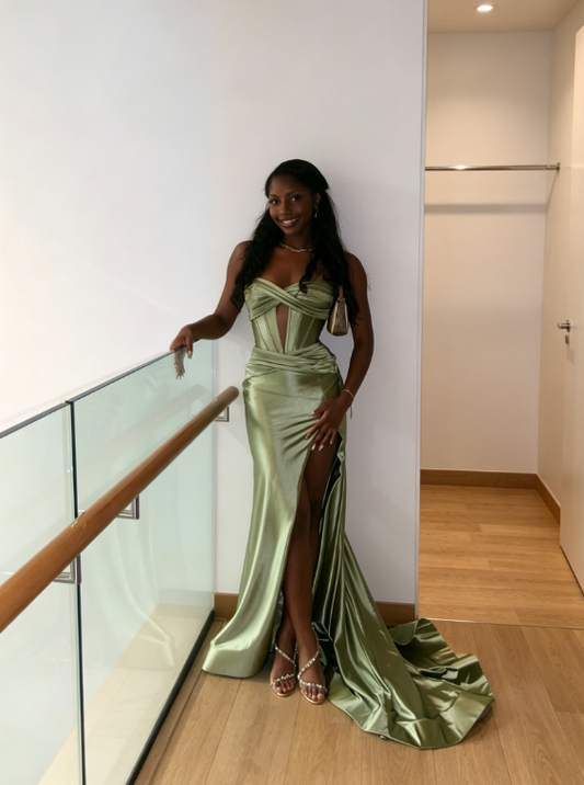 Elegant Sweetheart Sheath Satin Sage Long Evening Dress DP05840