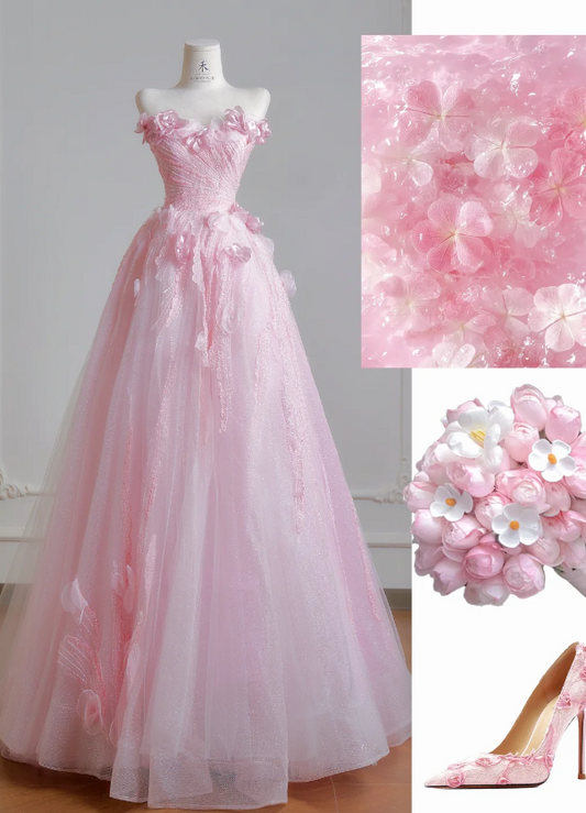 Gorgeous Pink Sweet 16 Dress Strapless Long Evening Dress A-Line Tulle Prom Dress DP05875