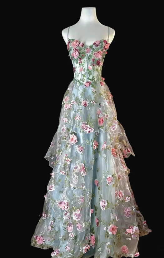 Gorgeous Green Sweet 16 Dress Spaghetti Straps Long Evening Dress A-Line Tulle Applique Prom Dress DP05878