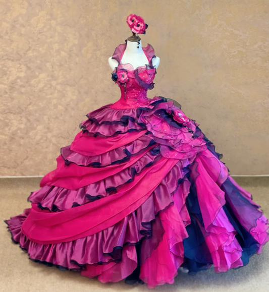 Gorgeous Hot Pink Sweet 16 Dress Halter Long Evening Dress Ball Gown Tulle Applique Prom Dress DP05879