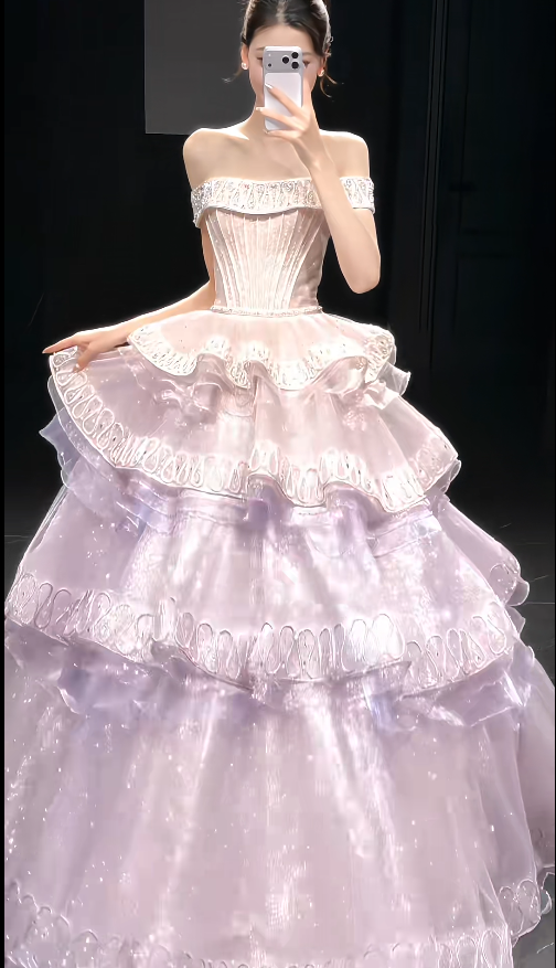 Gorgeous Purple Sweet 16 Dress Off-shoulder Long Evening Dress A-line Tulle Applique Prom Dress DP05880