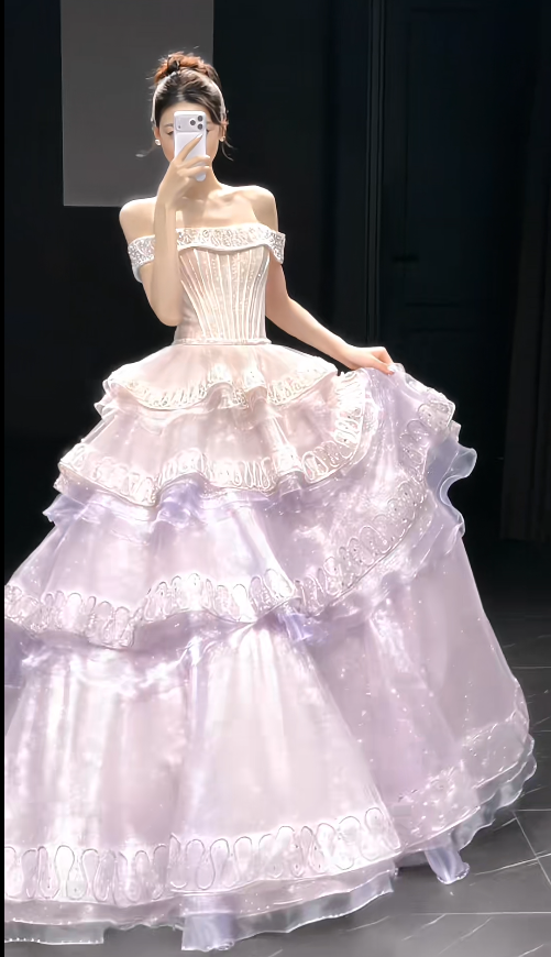 Gorgeous Purple Sweet 16 Dress Off-shoulder Long Evening Dress A-line Tulle Applique Prom Dress DP05880