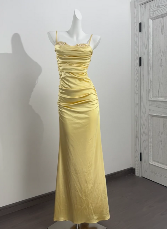 Elegant Yellow Prom Dress Spaghetti Straps Sheath Satin Long Evening Dress DP05884