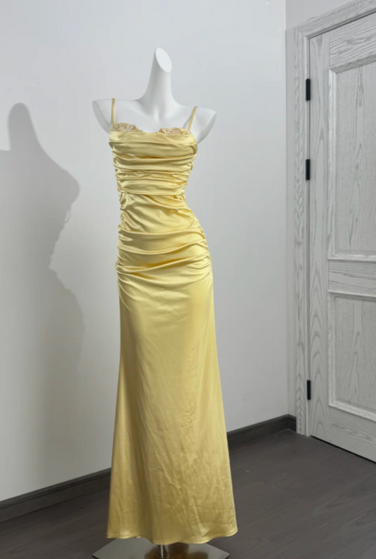 Elegant Yellow Prom Dress Spaghetti Straps Sheath Satin Long Evening Dress DP05884