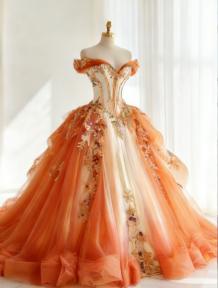 Fairy Orange Birthday Dress Off-shouler Ball Gown Long Quinceanera Dress Tulle Applique Sweet 16 Dress DP05892
