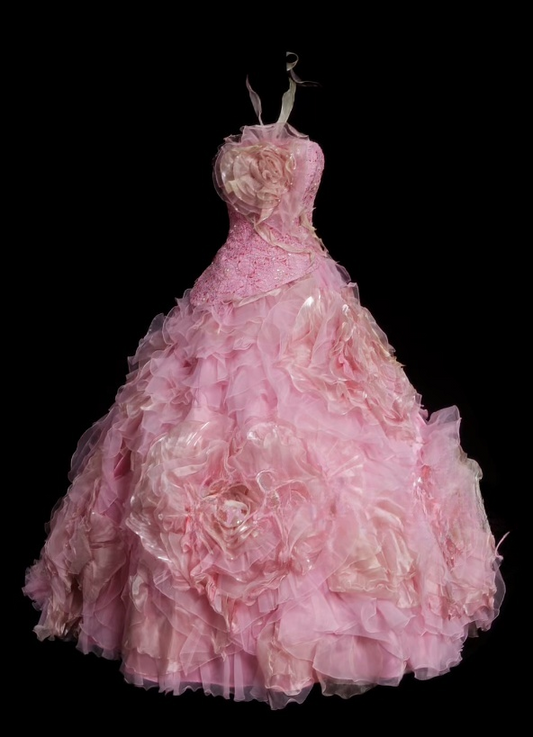 Fairy Pink Birthday Dress Halter Ball Gown Long Quinceanera Dress Tulle Applique Sweet 16 Dress DP05893