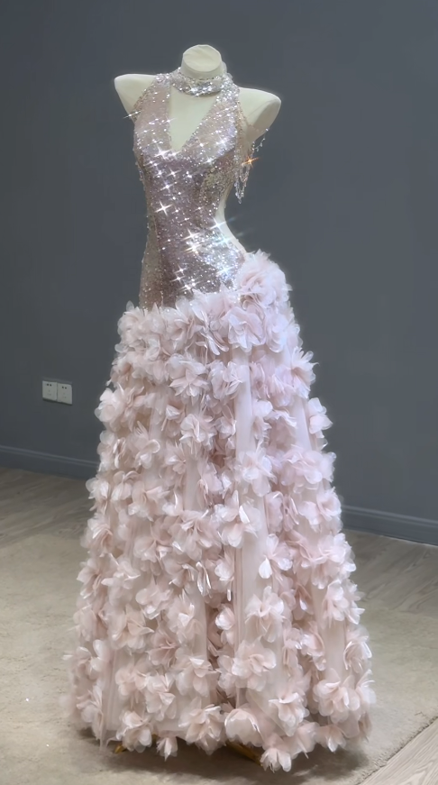 Fairy Pink Birthday Dress Halter Ball Gown Long Quinceanera Dress Tulle Applique Sweet 16 Dress DP05895