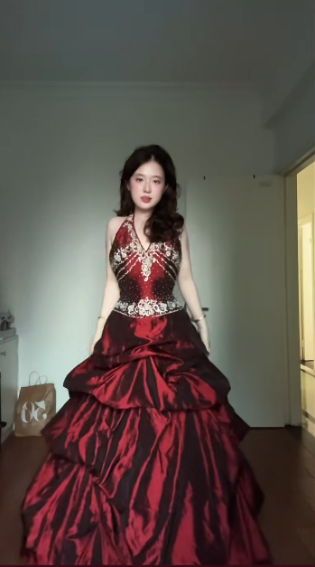 Fairy Burgundy Birthday Dress Halter Ball Gown Long Quinceanera Dress Satin Applique Sweet 16 Dress DP05896