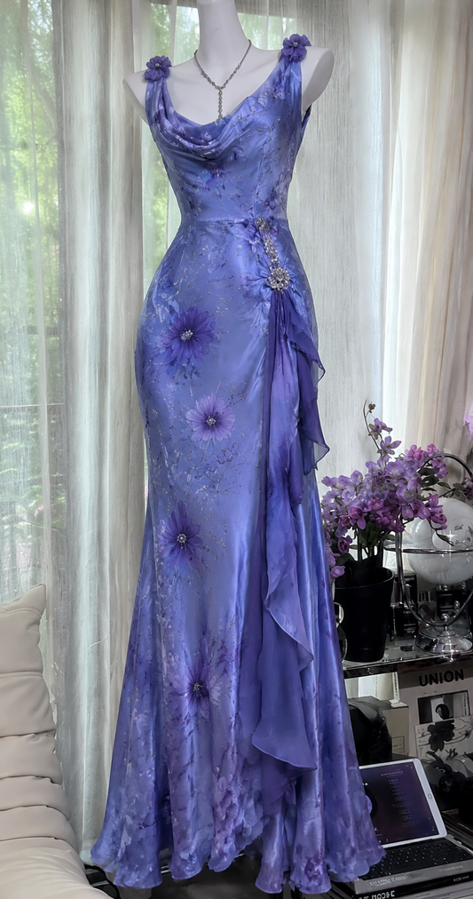 Elegant Straps Sheath Beaded Satin Long Evening Dress Purple Prom Dress DP05913