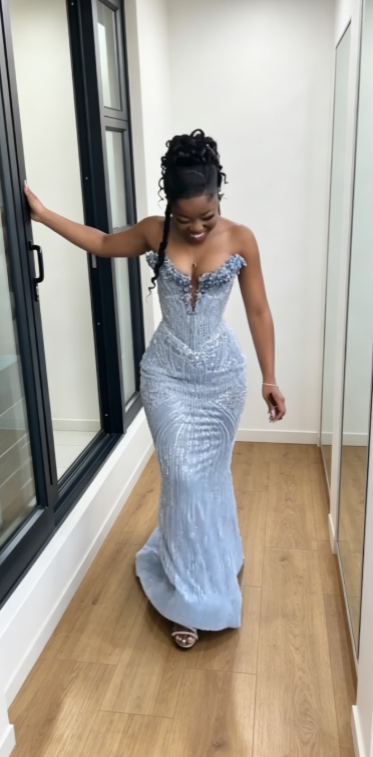 Elegant Sweetheart Sheath Beaded Tulle Long Evening Dress Dusty Blue Prom Dress DP05915