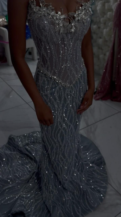 Elegant Sweetheart Mermaid Prom Dress Tulle Beaded Long Evening Dress Sliver Birthday Dress DP05924