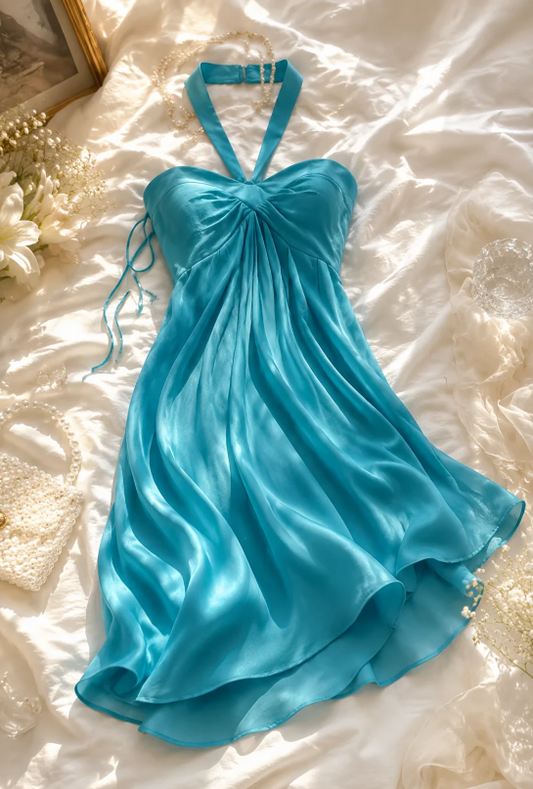 Glam Blue Hoco Dress Halter Sheath Birthday Dress Chiffon Graduation Party Dress DP05998