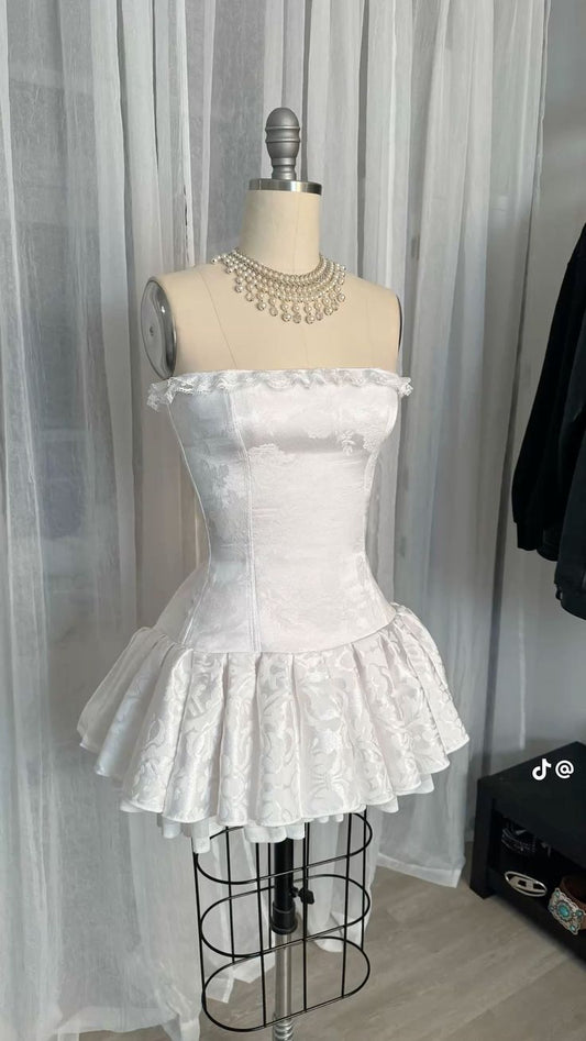 Glam White Hoco Dress Strapless A-Line Birthday Dress Satin Graduation Party Dress DP06001
