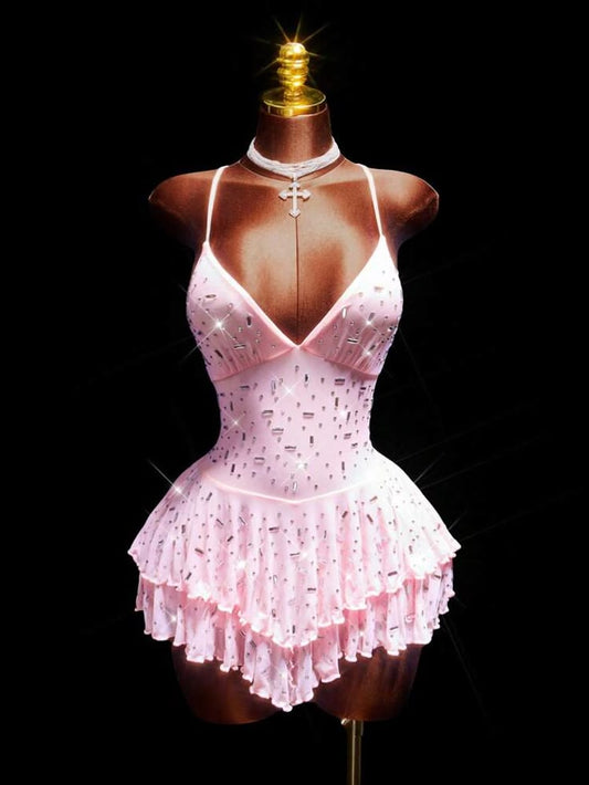 Glam Pink Hoco Dress Spaghetti Straps A-Line Birthday Dress Chiffon Graduation Party Dress DP06002