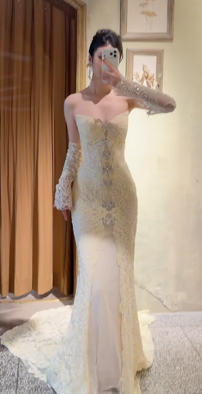 Elegant Pastel Yellow Wedding Dress Sweetheart Sheath Bridal Dress Lace Bridal Gown DP06017