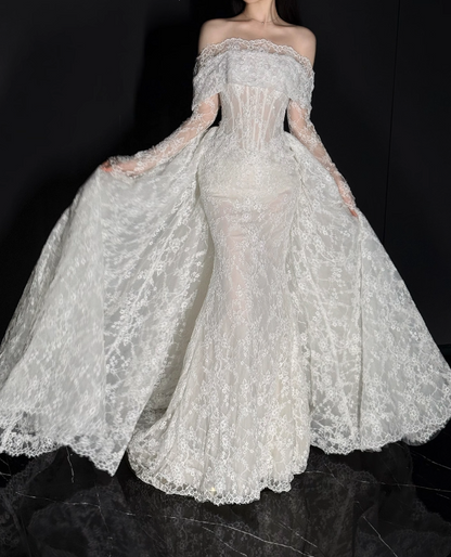 Chic White Wedding Dress Off-shoulder Sheath Bridal Dress Lace Bridal Gown DP06020