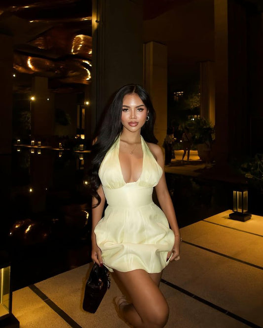 Cute A line Yellow Halter Satin Short Summer Birthday Dress Hoco Dress Birthday Outfit 19th Birthday Mini Party Dresses DP1015