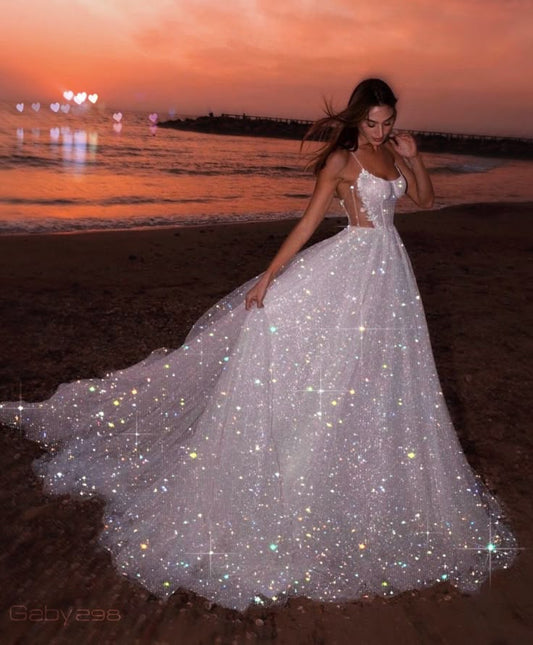 Classic Bridal Gown Ball Gown Spaghetti Straps Sequin White Wedding Dresses Minimalist Bridal Gowns DP1210