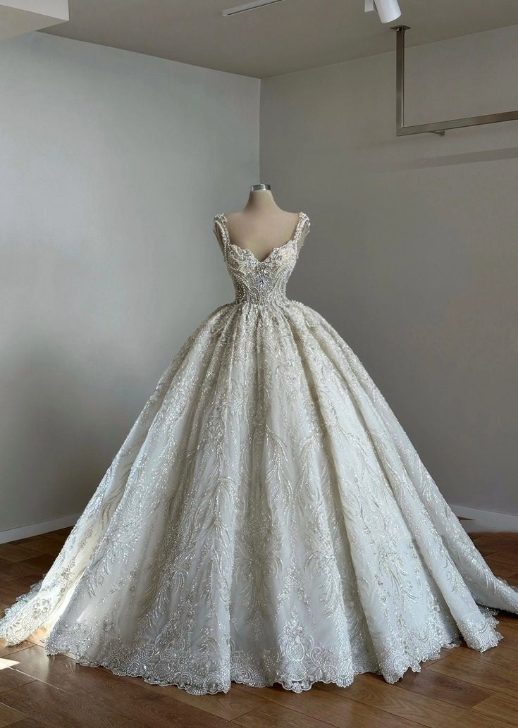 Classic Bridal Gown Ball Gown Spaghetti Straps Sequin White Wedding Dresses Minimalist Bridal Gowns DP1330