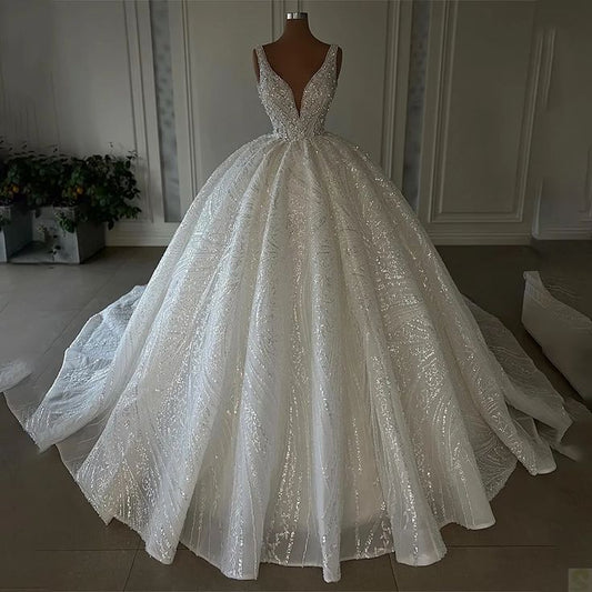 Ethereal Wedding Dress Ball Gown V Neck Sequin White Wedding Dresses Bridal Gowns DP1332