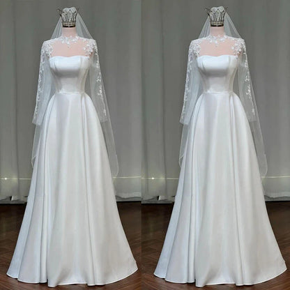 Classic Bridal Gown Ball Gown White Satin Wedding Dresses Minimalist Bridal Gowns DP1341