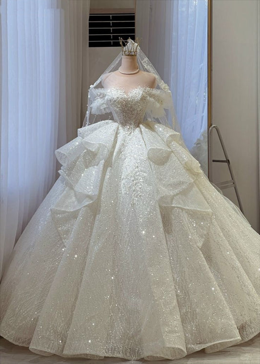 Ethereal Wedding Dress Ball Gown Off The Shoulder Sequin White Wedding Dresses Bridal Gowns DP1342