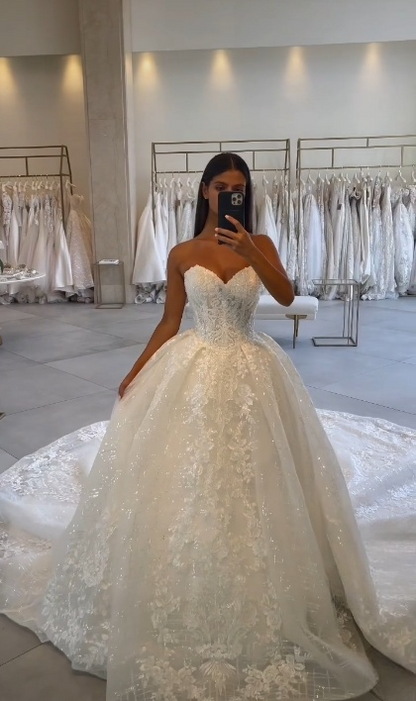 Classic Bridal Gown Ball Gown Sweetheart Lace White Wedding Dresses Minimalist Bridal Gowns DP1362