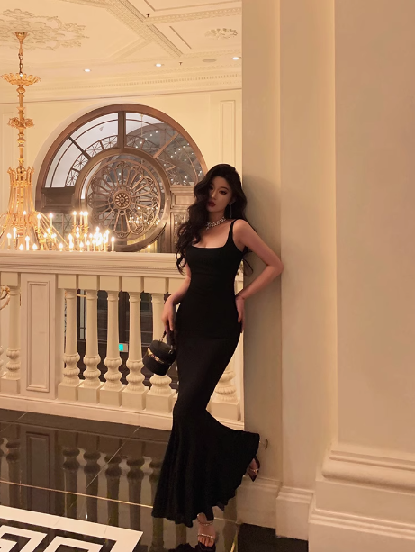Elegant Mermaid Square Black Sleeveless 23rd Birthday Dress Party Gown Birthday Outfits Birthday Dress Ideas For Women DP1427
